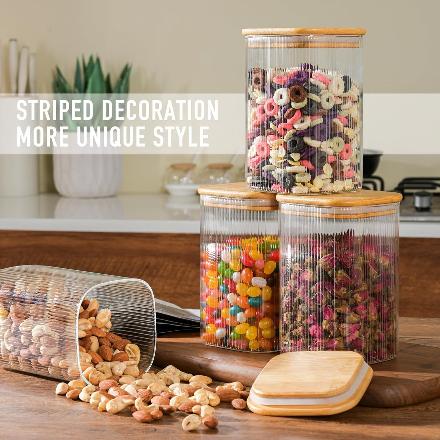 37oz Airtight Glass Square Storage Canisters with Bamboo Lids Set of 4 (1100ml) Striped Stackable Containers, Kitchen Jars for Pantry Noodles, Flour and Coffee beans (with Black Lable)