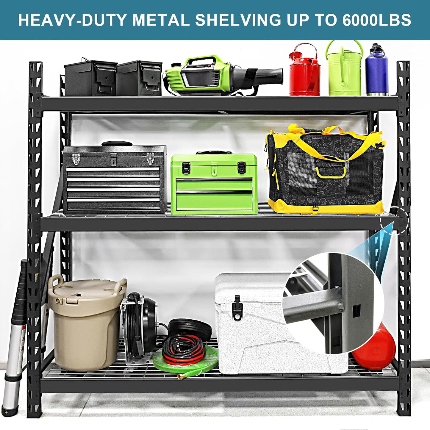 Garage Storage Shelves - Heavy Duty 72”H x 77”W x 24”D Adjustable 3-Tier Metal Shelving Rack, 6000LBS Capacity - Ideal Garage Shelving for Storage Solutions