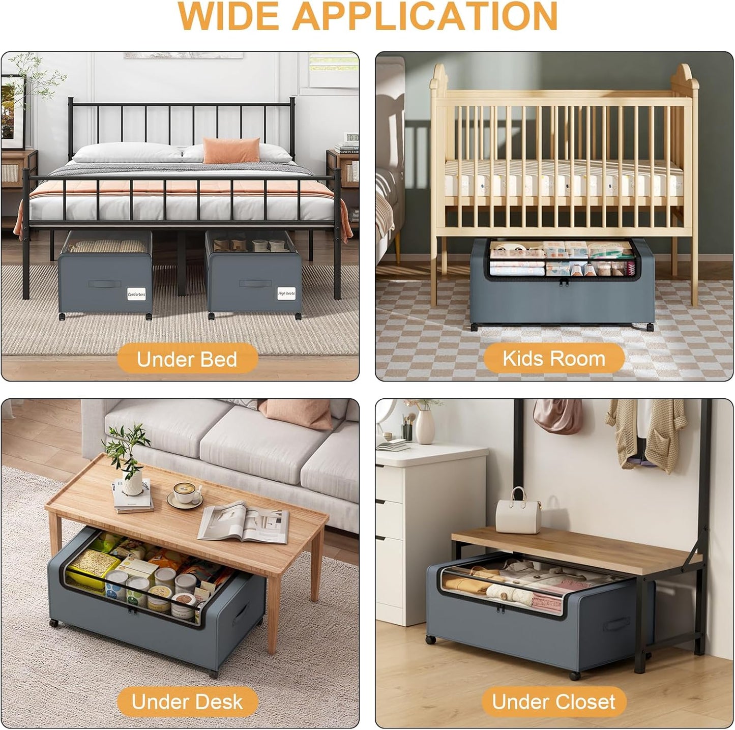 Webetop 12 inch Under the Bed Storage Bins with Clear Lid, Under Bed Storage Containers with Wheels for Underneath Small Spaces Dorms, Blankets (2 Pack, Grey, 30.7"x17.3"x12")