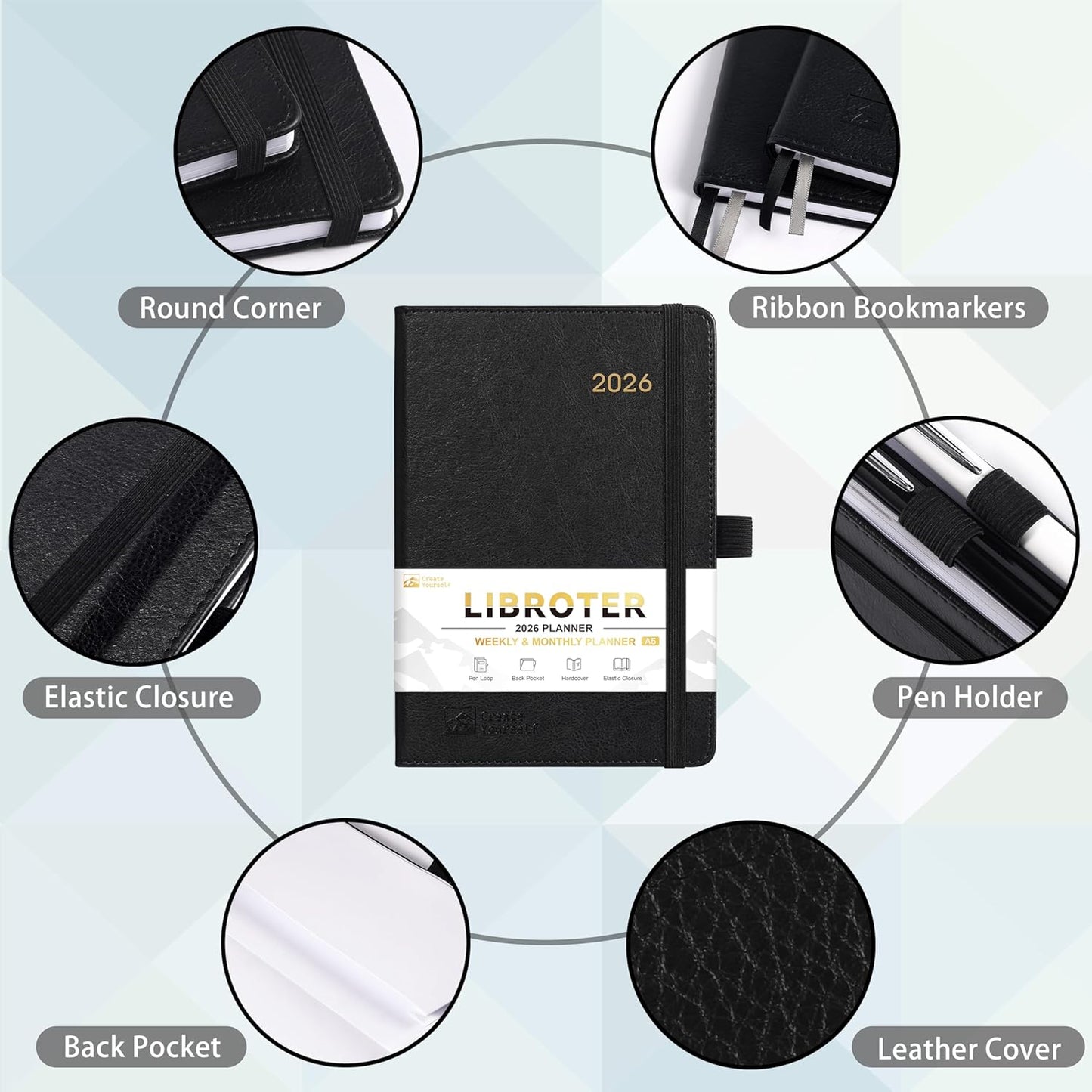 2026 Planner - Planner 2026, 2026 Weekly Monthly Planner, Jan.2026 - Dec.2026, 5.7'' x 8.4'', Thick Paper, Leather Cover, Pen Holder, Back Pocket, Bookmarks, Perfect Daily Organizer - Black