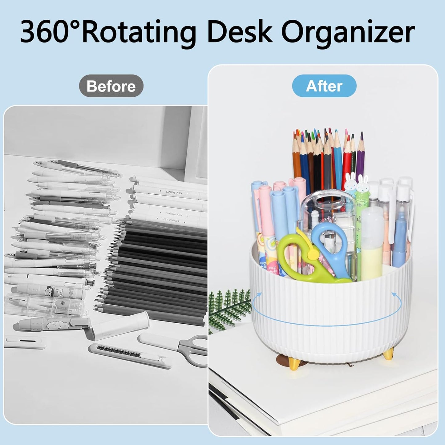 Office Desk Accessories, White Office Supplies 360°Pen Holder Desk Organizers And Accessories with Tape Dispenser, Stapler, Staple Remover, 1000 Staples, Tape, Clips Set, Ruler, Scissor, Pen