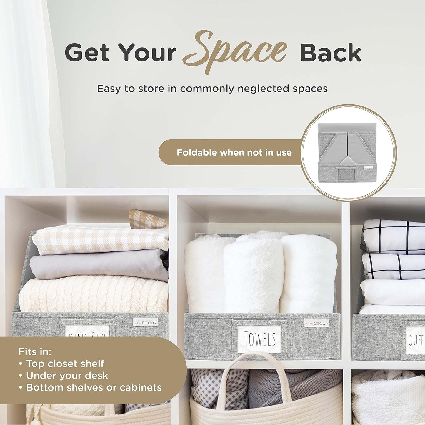 Trapezoid Closet Bins for Shelves – 12x12x10 Fabric Storage Baskets, Closet Organizers Bins, Open Front Fabric Baskets, Collapsible Organizer Boxes for Clothes, Linen – Light Gray, 3 Pack