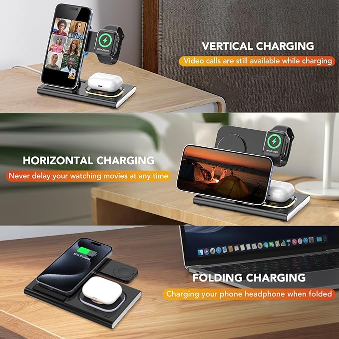 3 in 1 Charging Station for iPhone 17 - Wireless Charger for Apple Devices for iPhone 17 16 15 14 13 12 11 Pro Max - Foldable Wireless Charging Station Dock Stand for Apple Watch Series & AirPods