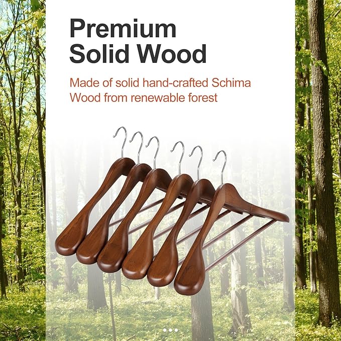 TOPIA HANGER Wide Shoulder Wooden Hangers, Suit Hangers with Non Slip Pants Bar & 360° Swivel Hook, Solid Wood Heavy Duty Coat Hanger, 10 Pack (Walnut)-CT02WA-10