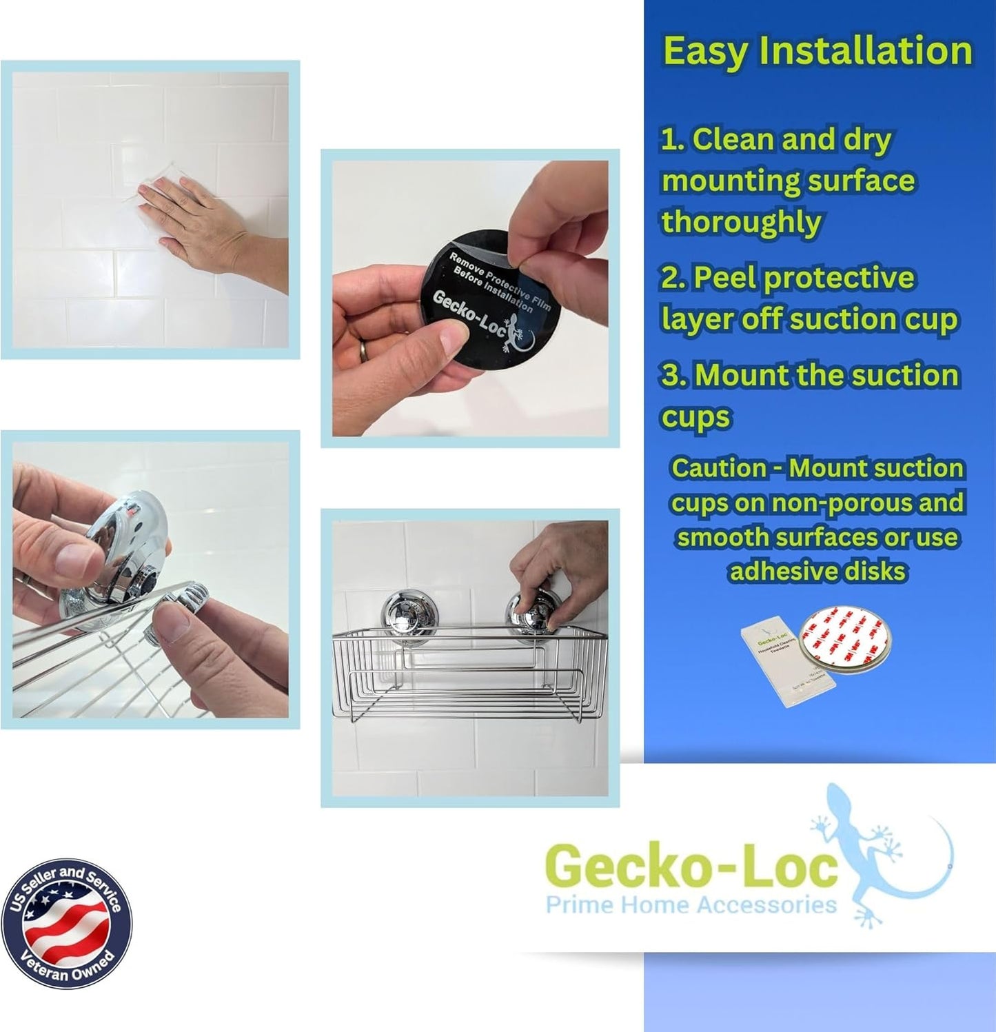 Gecko-Loc Large Deep suction cup wall mount bathroom shower caddy - shampoo storage basket shelf organizer caddie bath shelves - Silver