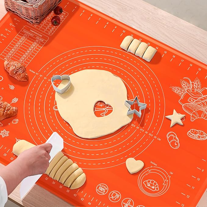 Silicone Baking Mat 28" x 20" Extra Thickness Dough Rolling Mat with Measurements and Edge Heightening, Non-stick Food Grade Silicone Pastry Mat for Pastry, Bread, Cookies, Pizza, Fondant, Pasta-Red