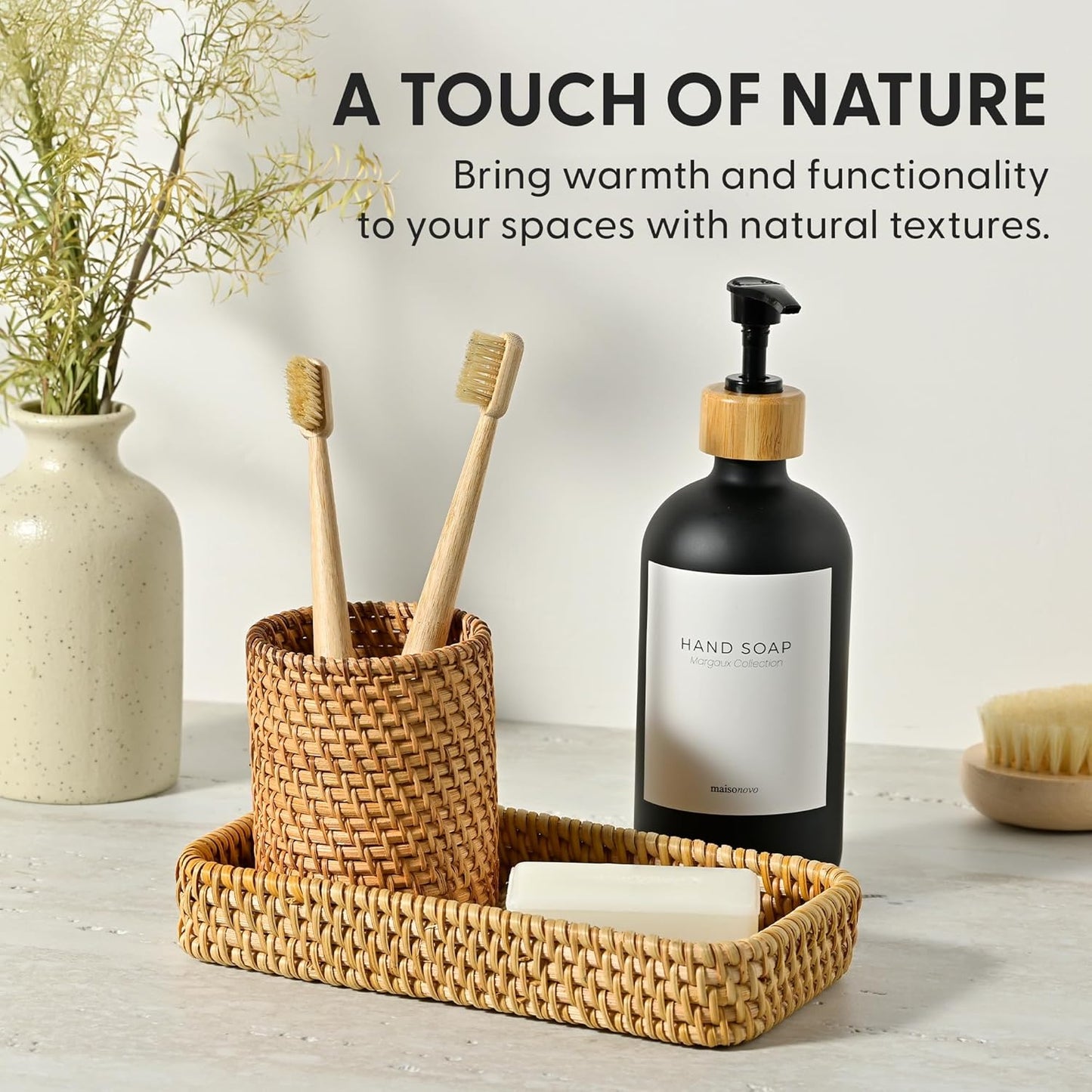 MaisoNovo Rattan Bathroom Set - Black Countertop Dispenser, Toothbrush Holder & Toothpaste Cup with Tray - Set of 3 - Rattan Bathroom Vanity Trays Rectangle for Storage