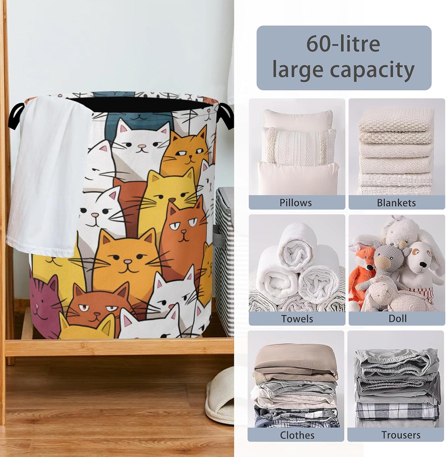 Funny Cat Laundry Basket,Foldable Oxford Cloth Tote Bag Laundry Hamper Clothes Storage Bucket Organizer for Bedroom Laundry Storage Dormitories 16" x 20.8"