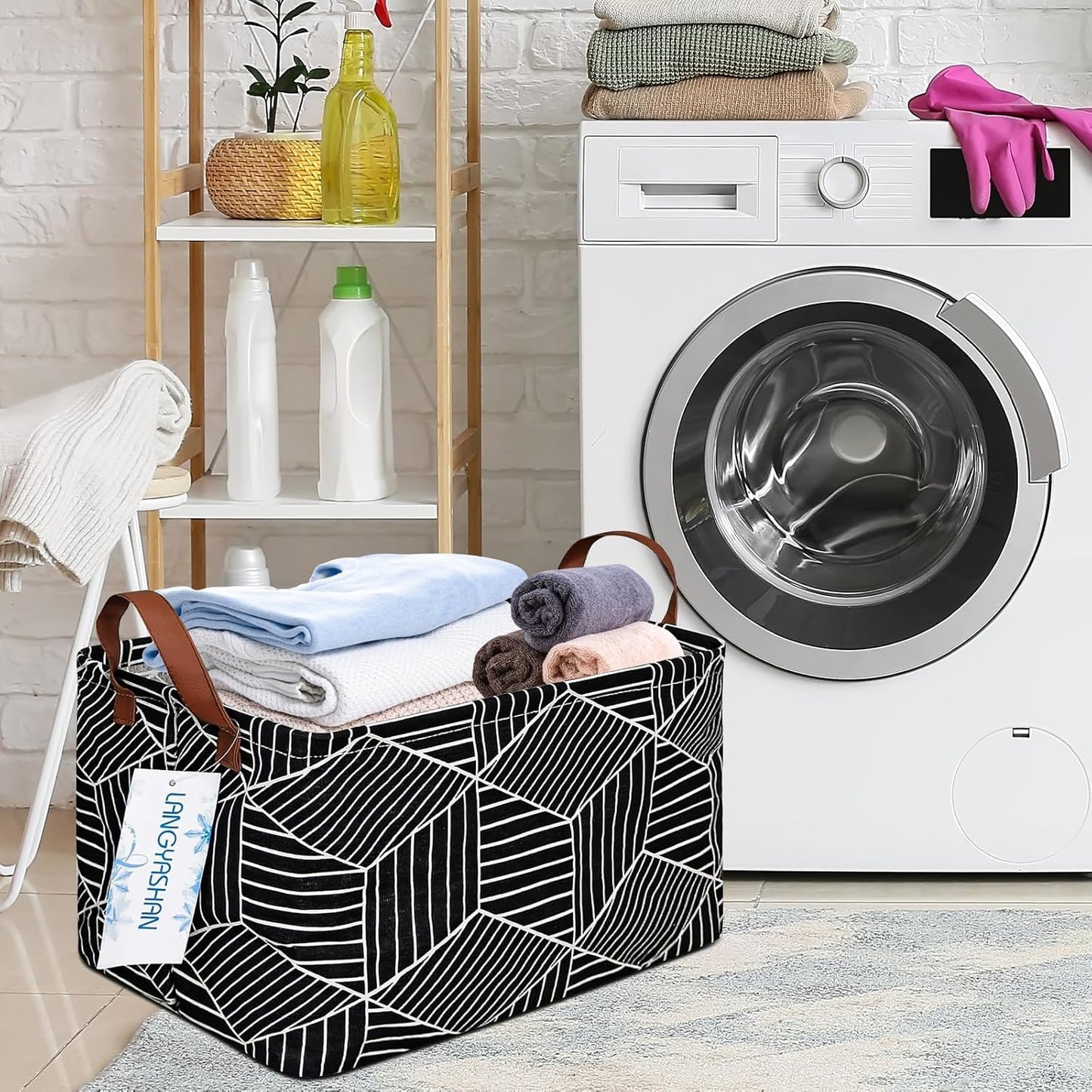 LANGYASHAN Rectangular Storage Bin Collapse Canvas Fabric Cartoon Storage Basket with Handles for Organizing Home Kitchen Boys and Girls Toys Office Closet Shelf Baskets (Black Diamond)