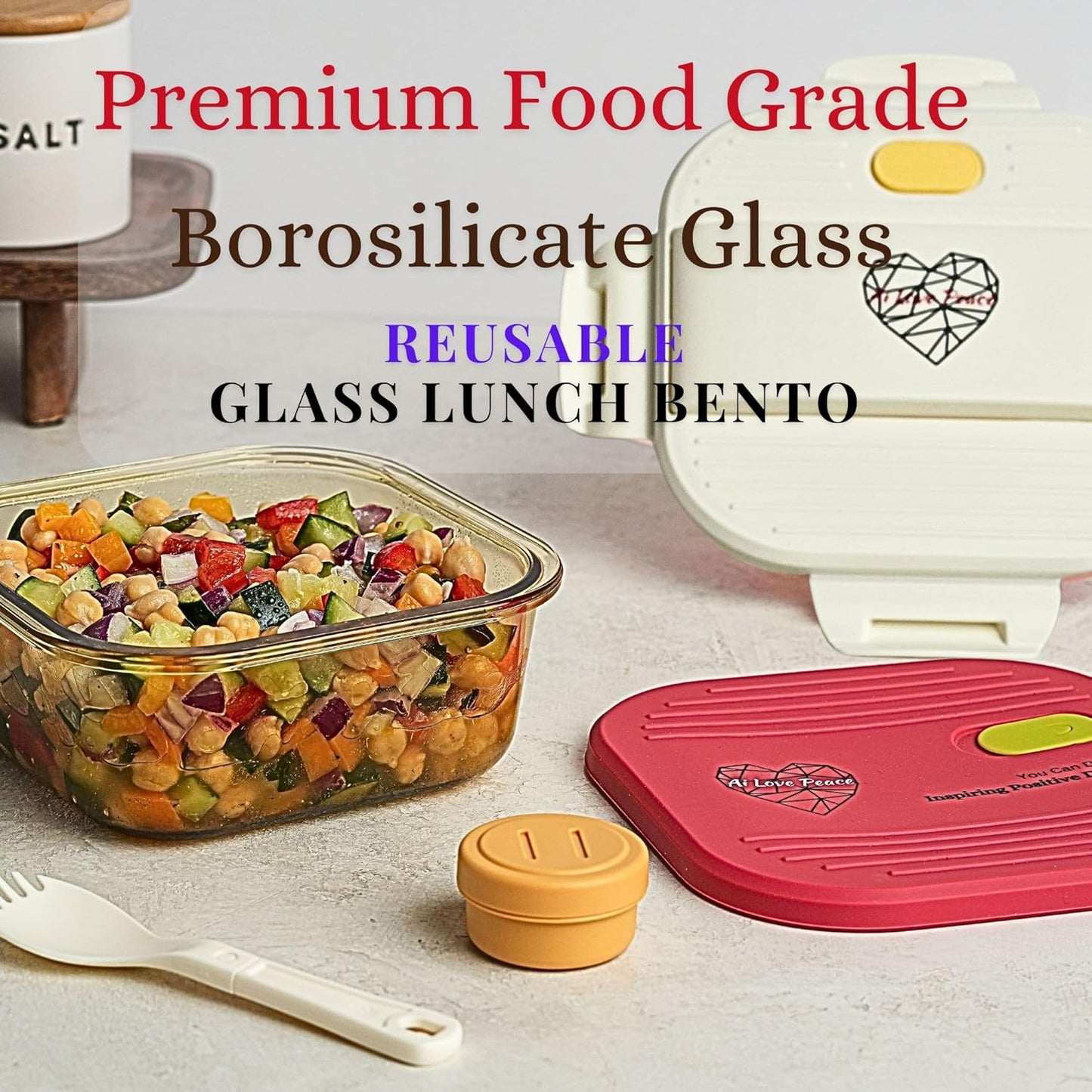 Ai Love Peace Soup Container with Dual Lids,26 oz Borosilicate Glass Lunch Box | Leakproof Lid+ Microwave &Safe Freezer Lid, Stackable,Glass Meal Prep Food Storage,Perfect for Work & Soup Lovers Gift.
