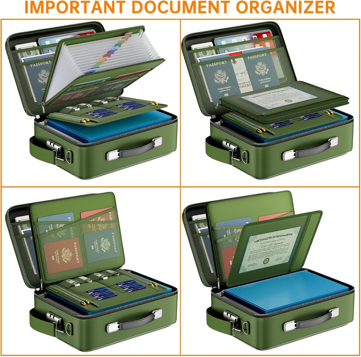DocSafe Fireproof Document Box with Lock&Shoulder Strap,Hard Case File Organizer with Accordion File Folder,Multi-Layer Portable Home Office Travel Safe Storage for Important Documents Laptop Green