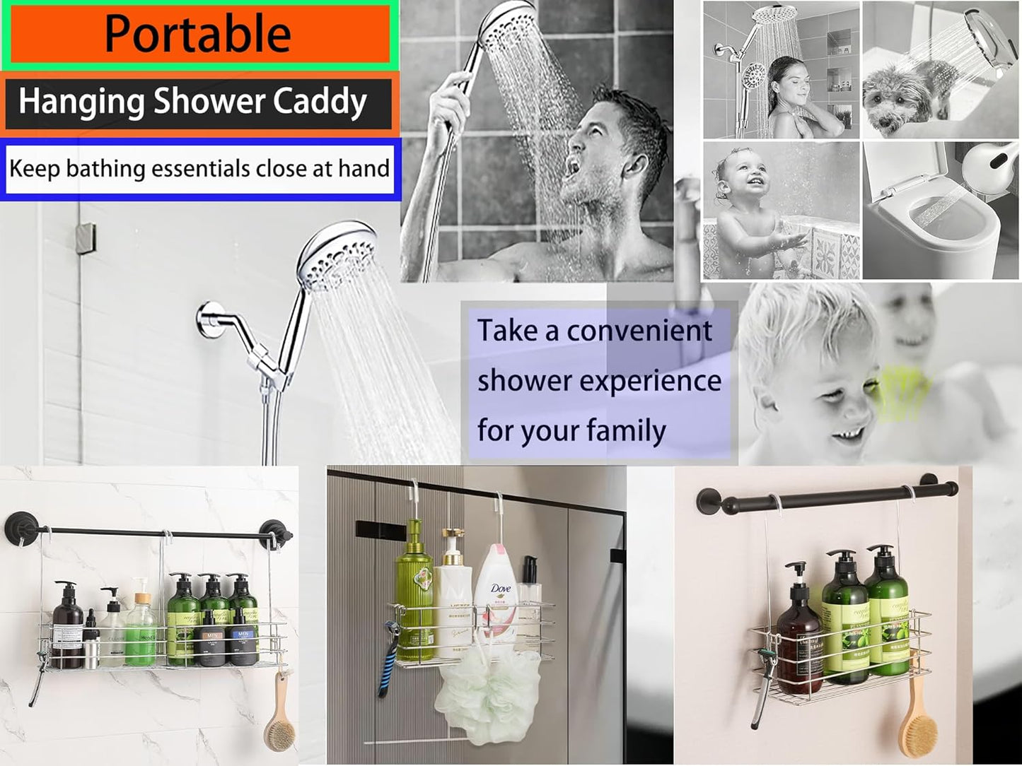 2pcs Single-Layer Hanging Shower Caddy, Rustproof Shelves Rack with Rotatable Hook bar, Large Capacity Bathroom Organizers and Storage, No Drilling Shampoo Bracket