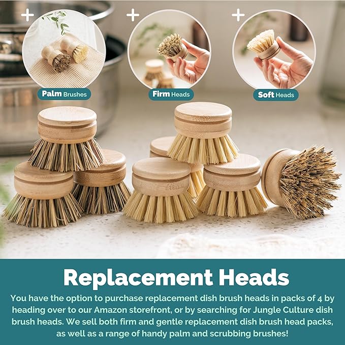 Jungle Culture 4 Piece Bamboo Dish Brush Set for Washing Up • Long Lasting Wooden Dish Brush with 3 Replacement Heads & Loofah Sponge Scourer • Eco Friendly Wooden Scrub Brush for Pots, Pans & Dishes