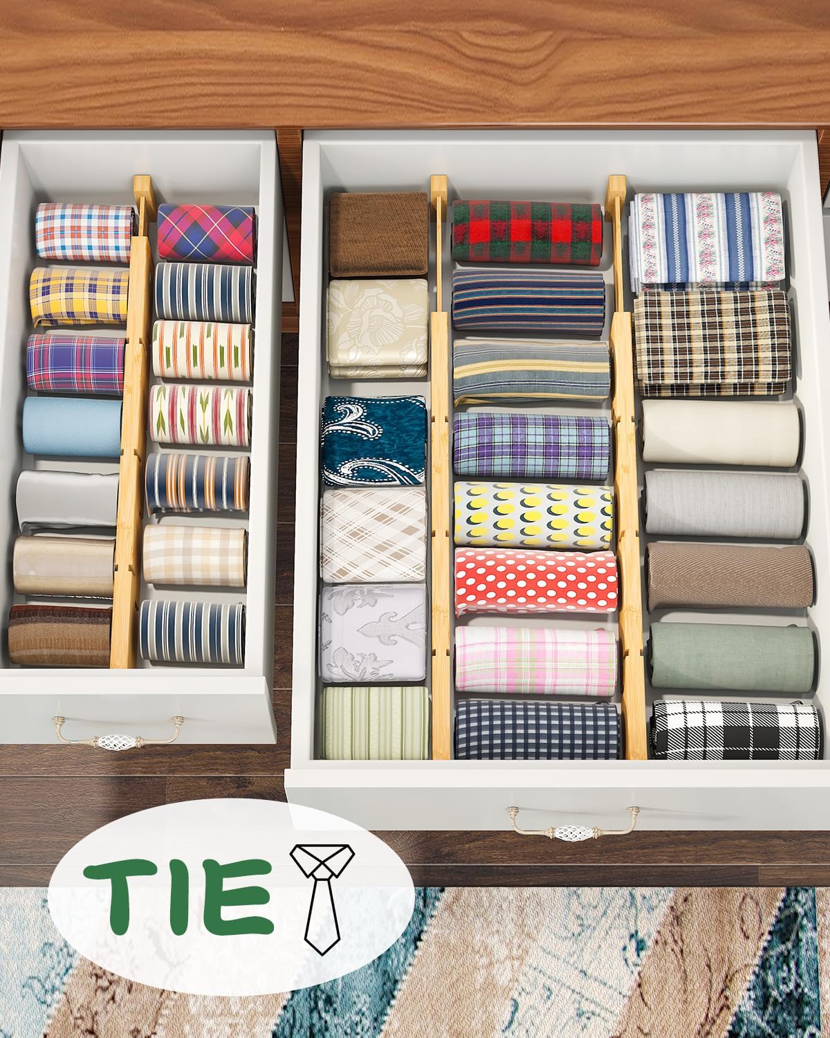 Bamboo Drawer Dividers - Adjustable Drawer Dividers for Clothes, Kitchen, Closet & Office - 8 Pack with Inserts, 18-22.6 Inches, Non-Slip Silicone Ends