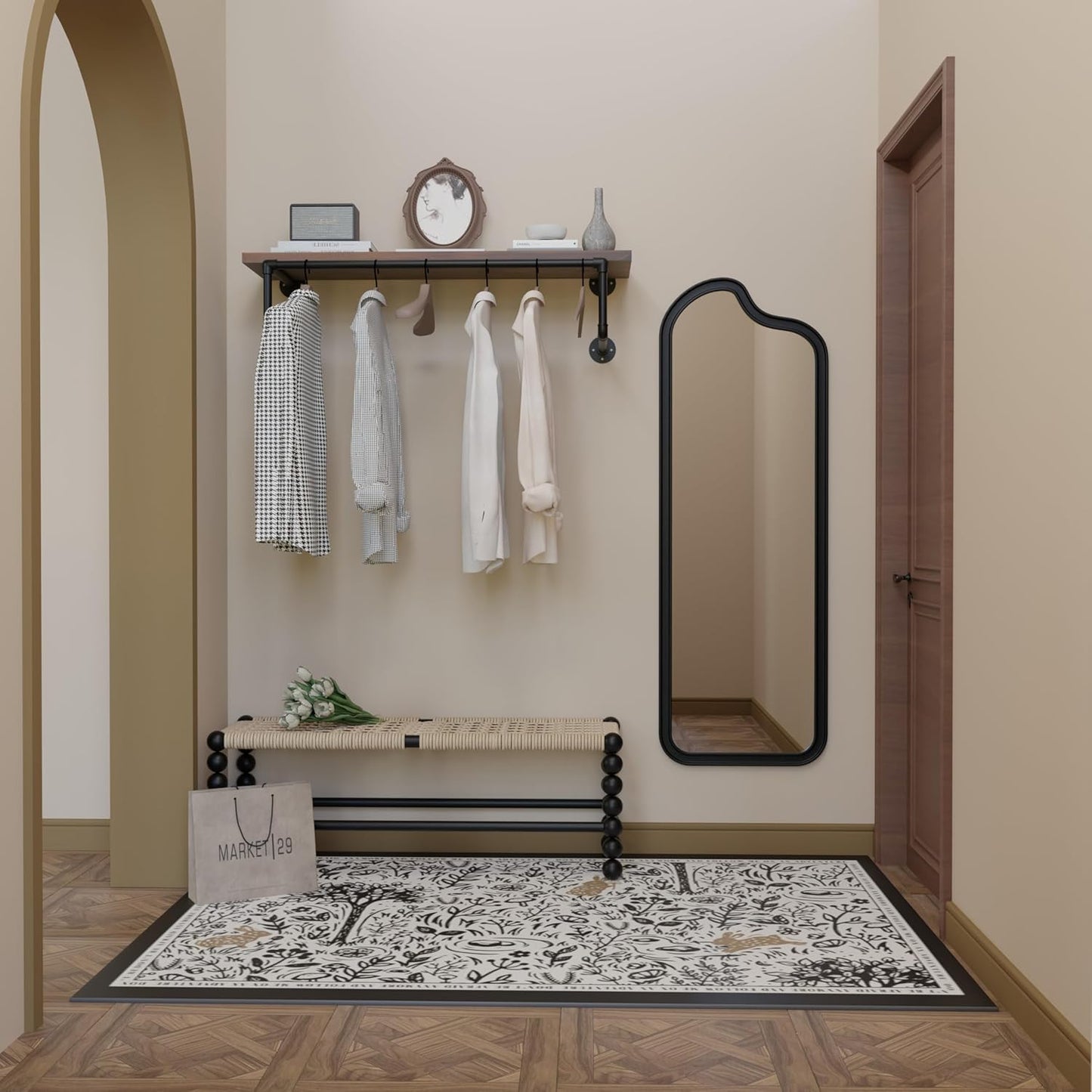 Clothes Rack 36in, Wall Mounted Garment Racks with Real Walnut Wood Shelf, Heavy Duty Hanging Clothes Rack, Multi-Purpose Hanging Rod, Space-Saving Closet Storage