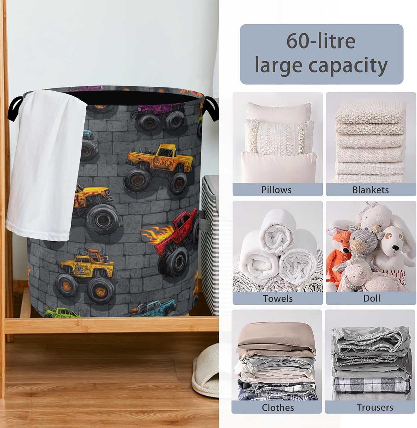 Funny Cars Laundry Basket,Foldable Oxford Cloth Tote Bag Laundry Hamper Clothes Storage Bucket Organizer for Bedroom Laundry Storage Dormitories 16" x 20.8"