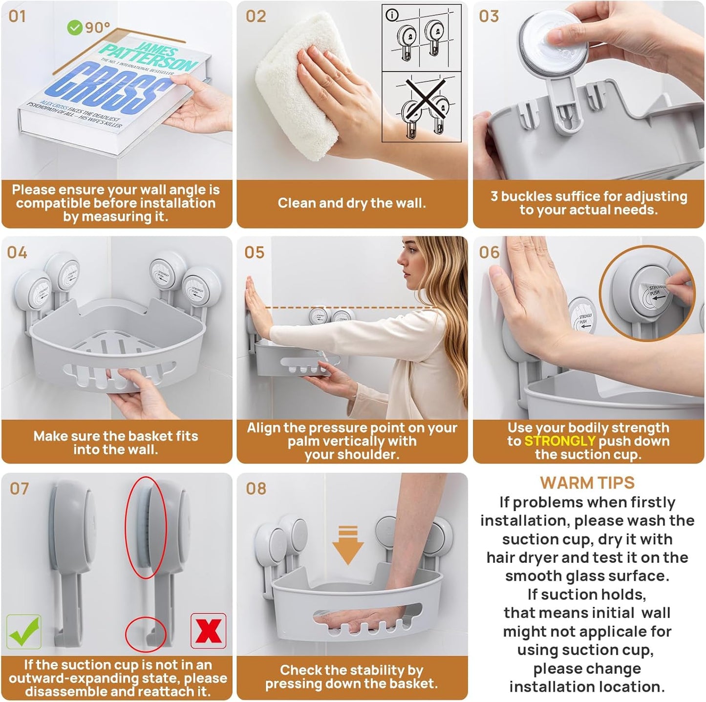 LEVERLOC Corner Shower Caddy Suction Cup, Shower Caddy Basket Powerful Suction Bathroom, Waterproof & Rustproof Organizer for Bathroom Storage, No-Drilling Removable (Grey)