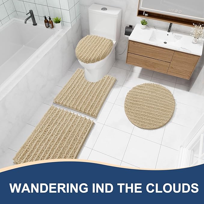 Arotive Luxury Chenille Bathroom Rug Mat, Extra Soft Thick Absorbent Shaggy Bath Rugs, Non-Slip Machine Wash Dry, Plush Bath Mats for Bathroom, Shower and Tub, 44x32, Beige