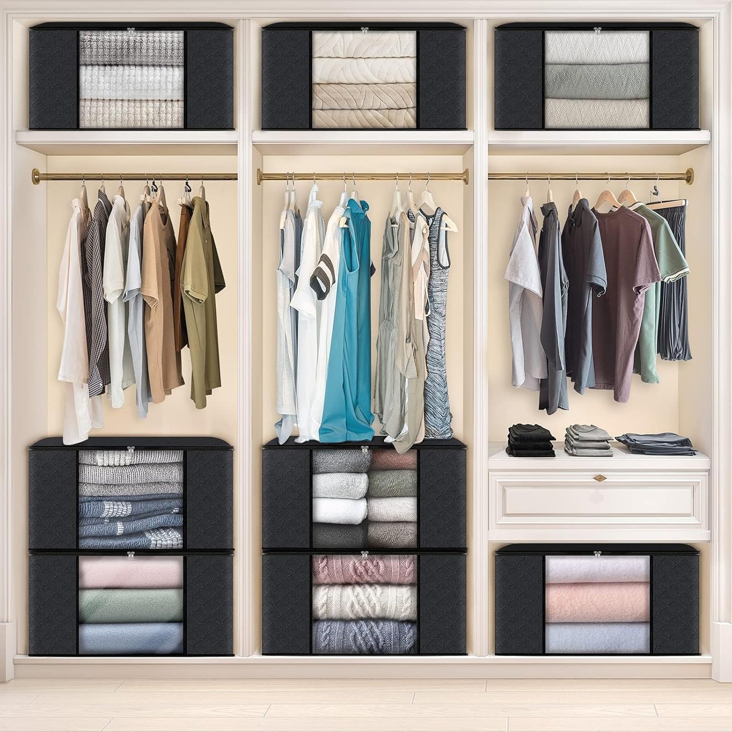 Fab totes Storage Bags,Clothes Blanket Storage Bins Foldable Closet Organizers with Reinforced Handle for Home Dorm Storage and Organization,Fabric Bags for Organizing Sheets,Clothing (Black,8 Pack)