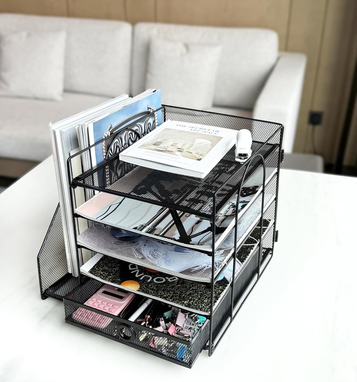 5-Tier Paper Letter Organizer with File Holder, Desk Organizer with Drawer, Mesh Desktop Storage with Magazine Holder for Office Supplies (Black)