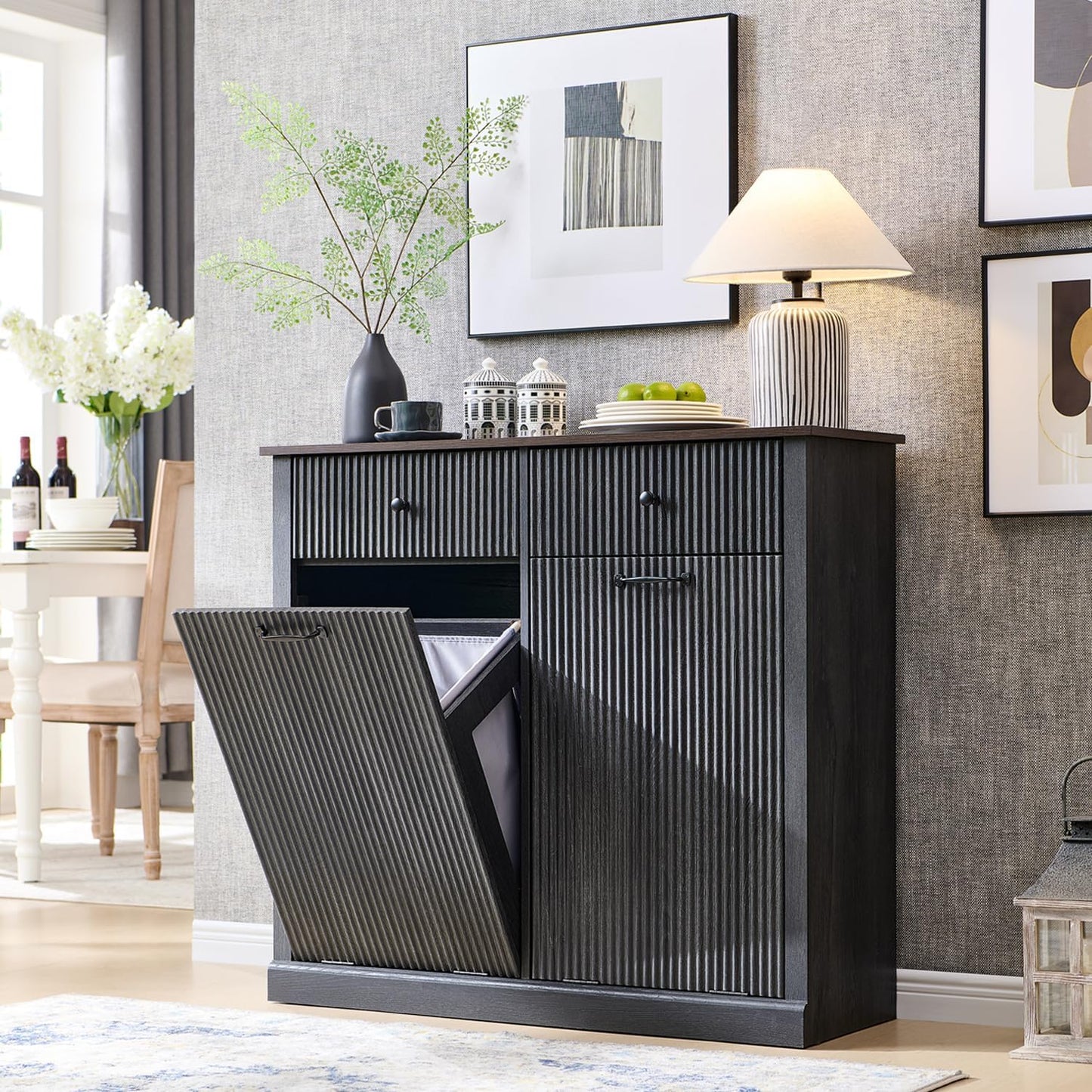 Modern Double Tilt-Out Laundry Hamper Cabinet, 20 Gallon Fluted Trash Can Cabinet w/2 Drawers, Wooden Hidden Garbage Can Cabinets w/Laundry Basket, Free Standing for Bathroom and Kitchen, Grey