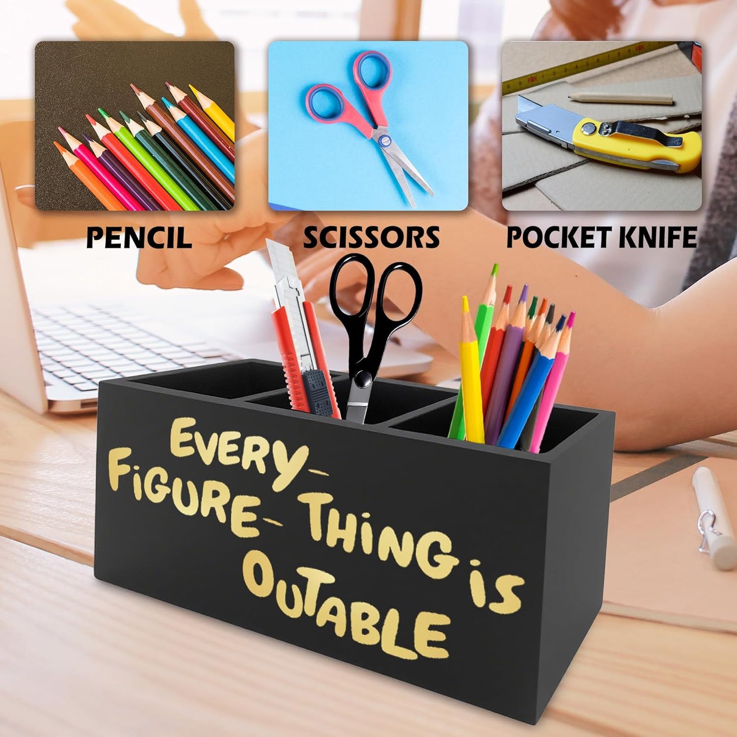 Everything Is Figureoutable Pen Pencil Holder Organizer for Desk, Inspirational Motivational Wooden Box Signs Decorations for Home Office Desk Tabletop, Inspirational Gifts