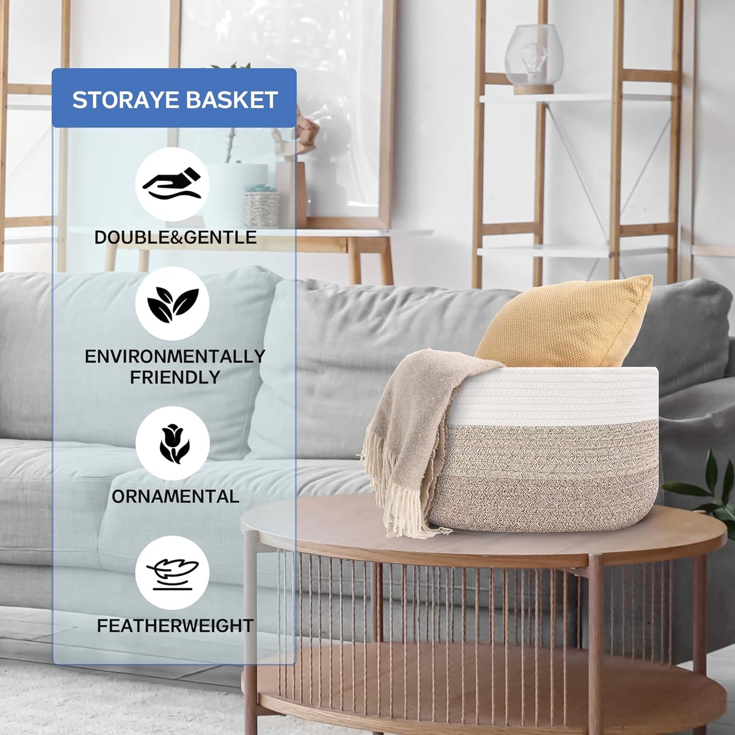 4 Pack Woven Storage Baskets for Organizing - Cotton Rope Baskets for Closet, Toys, Books, Towels, Durable Storage Bins for Shelves, Living Room, Bedroom, 14.76''Lx9.84''Wx8.86''H (khaki, 13")