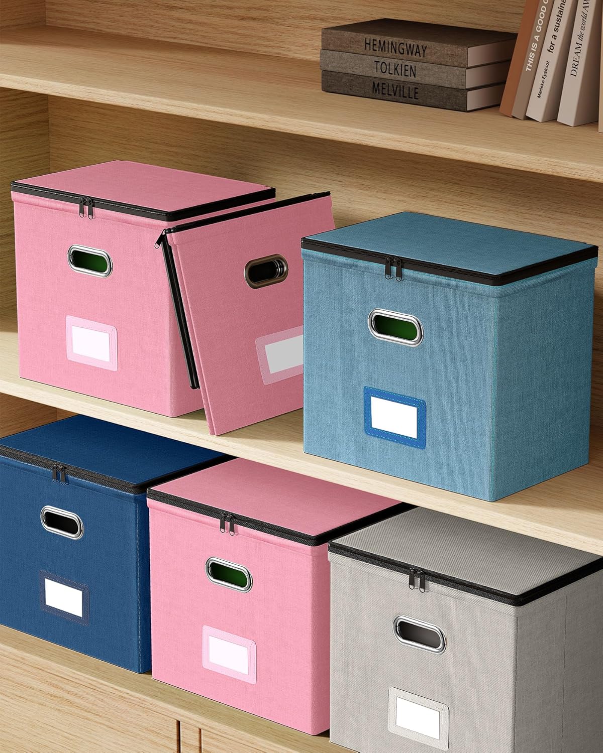 Oterri File Organizer Boxes with Lids, File Box with Mesh Pockets, Document Organizer Box for Letter Size Folders, Zippers Important Document Organizer (Denim, Small-2 Pack Without Folders)