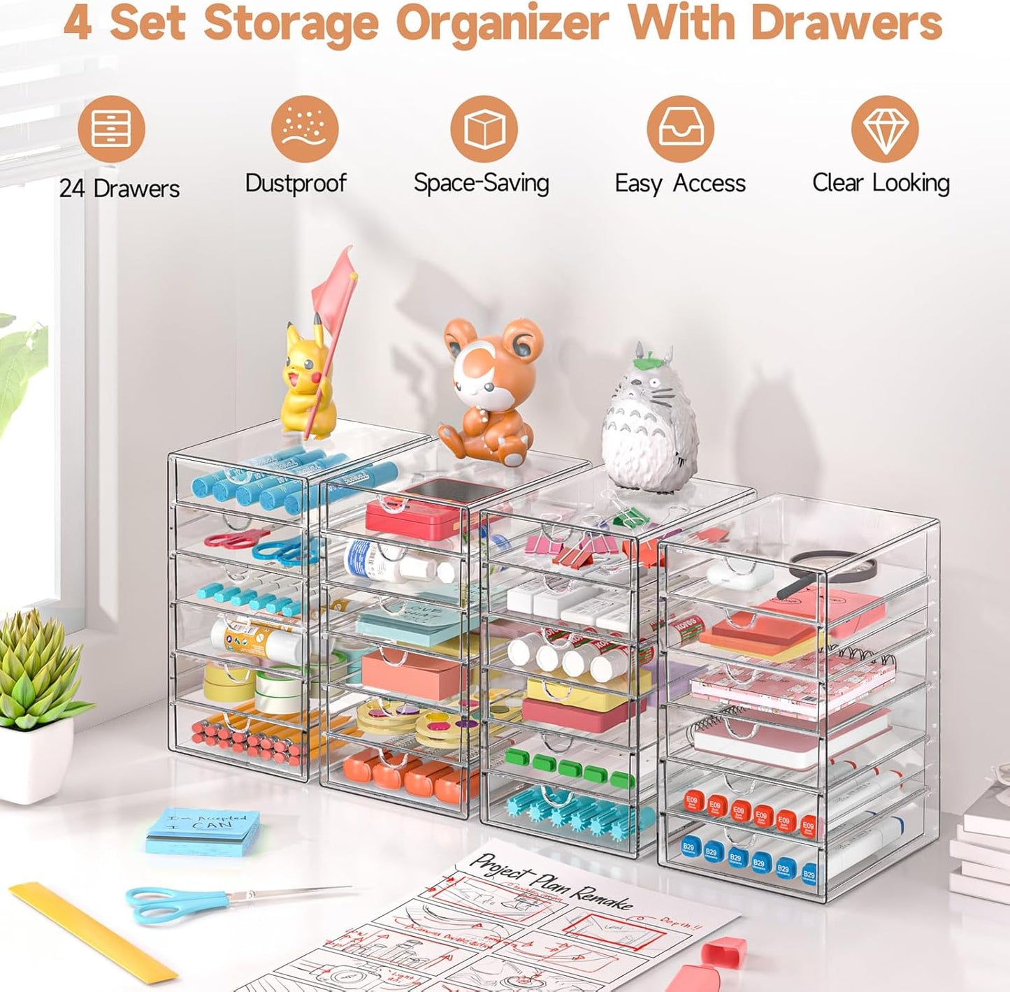 Makeup Drawer Storage Organizer with 24 Drawers, 4 Set Acrylic Office Desk Organization and Storage, Dustproof Drawer Organizer for Makeup, Office, Countertop, Jewelry, Pen, Desktop, Bathroom, Bedroom