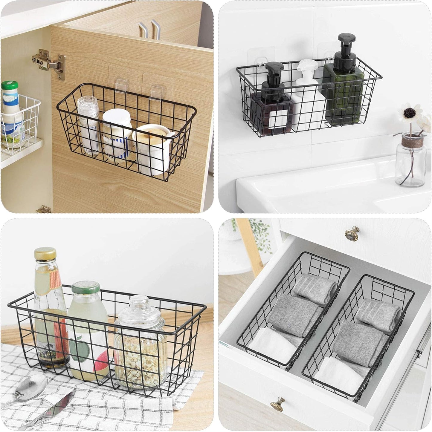 4 Pack Wire Storage Baskets Household Metal Wall-Mounted Containers Organizer Bins for Kitchen Bathroom Freezer Pantry Closet Laundry Room Cabinets Garage Shelf, Medium