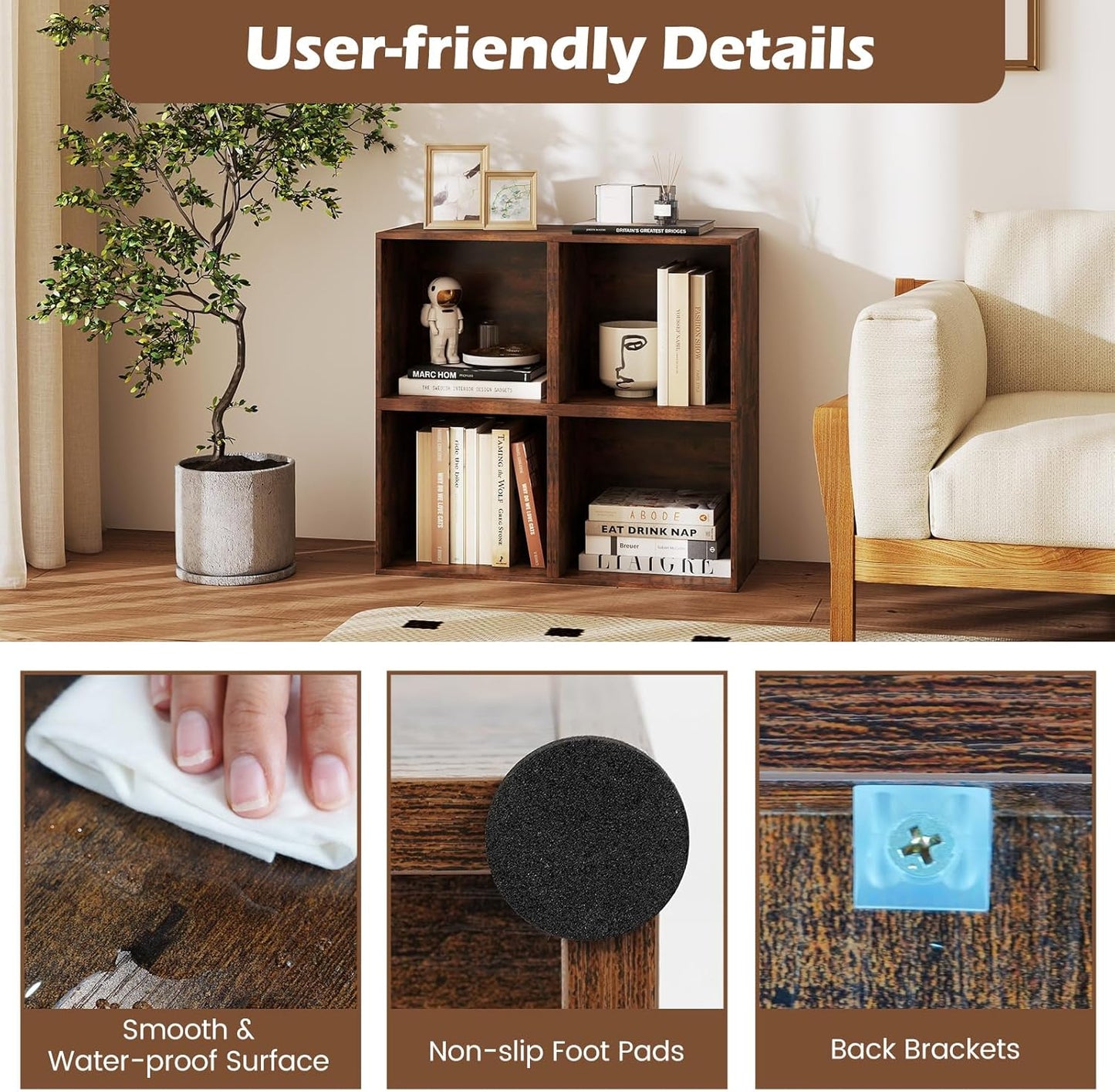 Stackable Cube Bookshelf, Modular Cubby Storage Organizer, Small Bookcase for Small Spaces, Combination Cubical Shelf, Wooden Display Shelving Unit (Rustic Brown, 2-Cube)