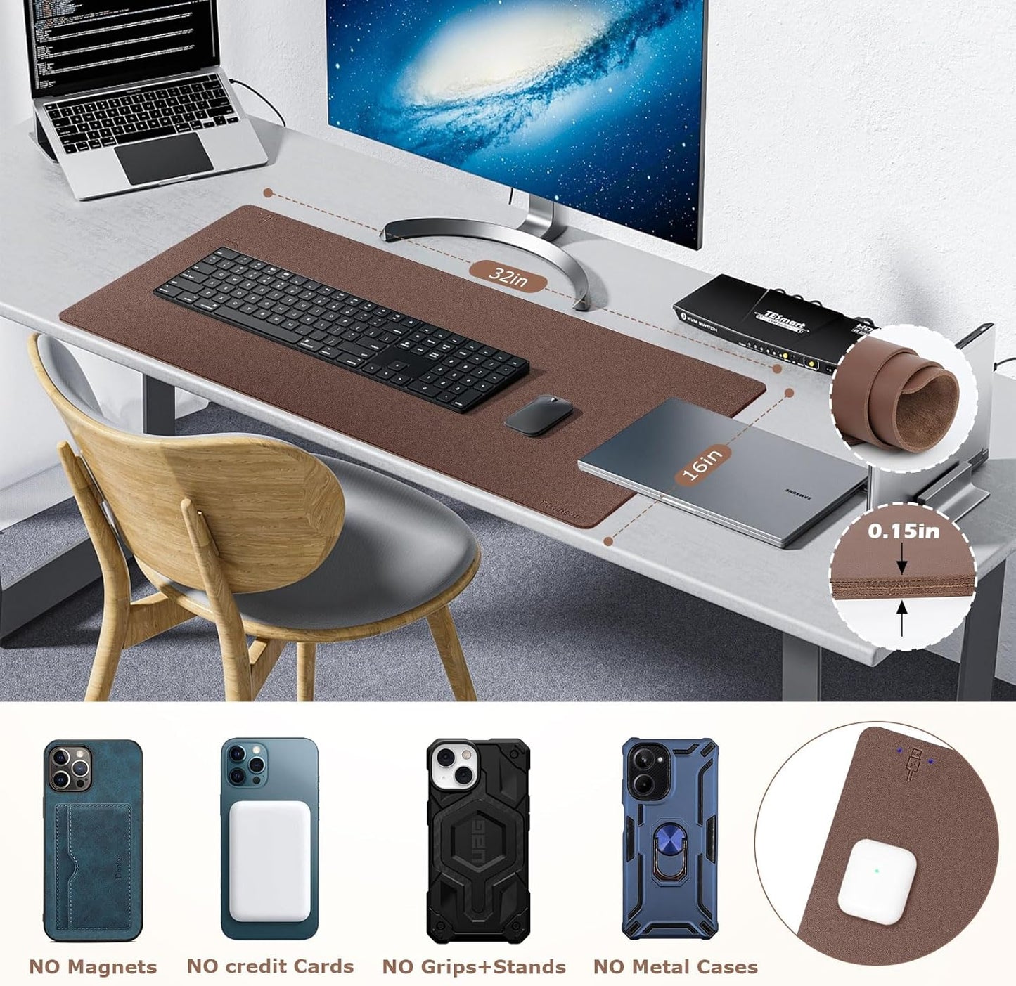 Wireless Charging Mouse Pad Firelison 2 in 1 Leather Multifunctional Office Desk Pad with Non-Slip Rubber Base, Waterproof Desk pad for Computers/Office/Work/Home/Decor( 32" x 16"Brown - L)