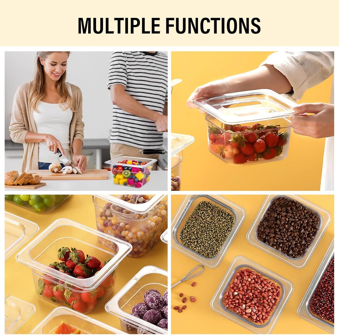 4 Pack Plastic Food Pans with Lids,1/6Size4 Inch Stackable Restaurant Clear Food Storage Containers,Polycarbonate Commercial Hotel Pans for Fruits Vegetables Beans Corns(4Pack 4" Deep)