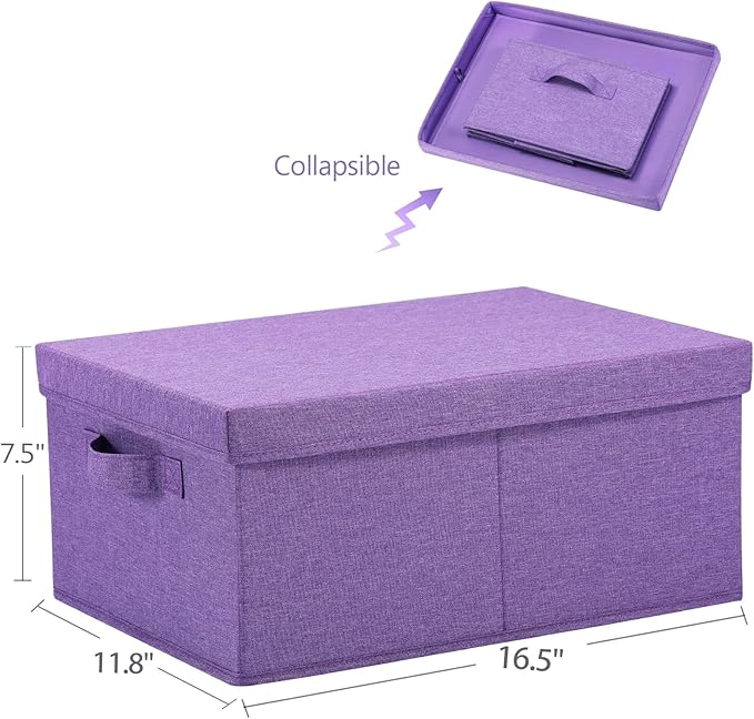 HOONEX Foldable Storage Bins with Lids, Pack of 2, Storage Boxes with 2 Carrying Handles and Sturdy Heavy Cardboard, 16.5" L x 11.8" W x 7.5" H for Shoes, Books, Clothes, Purple