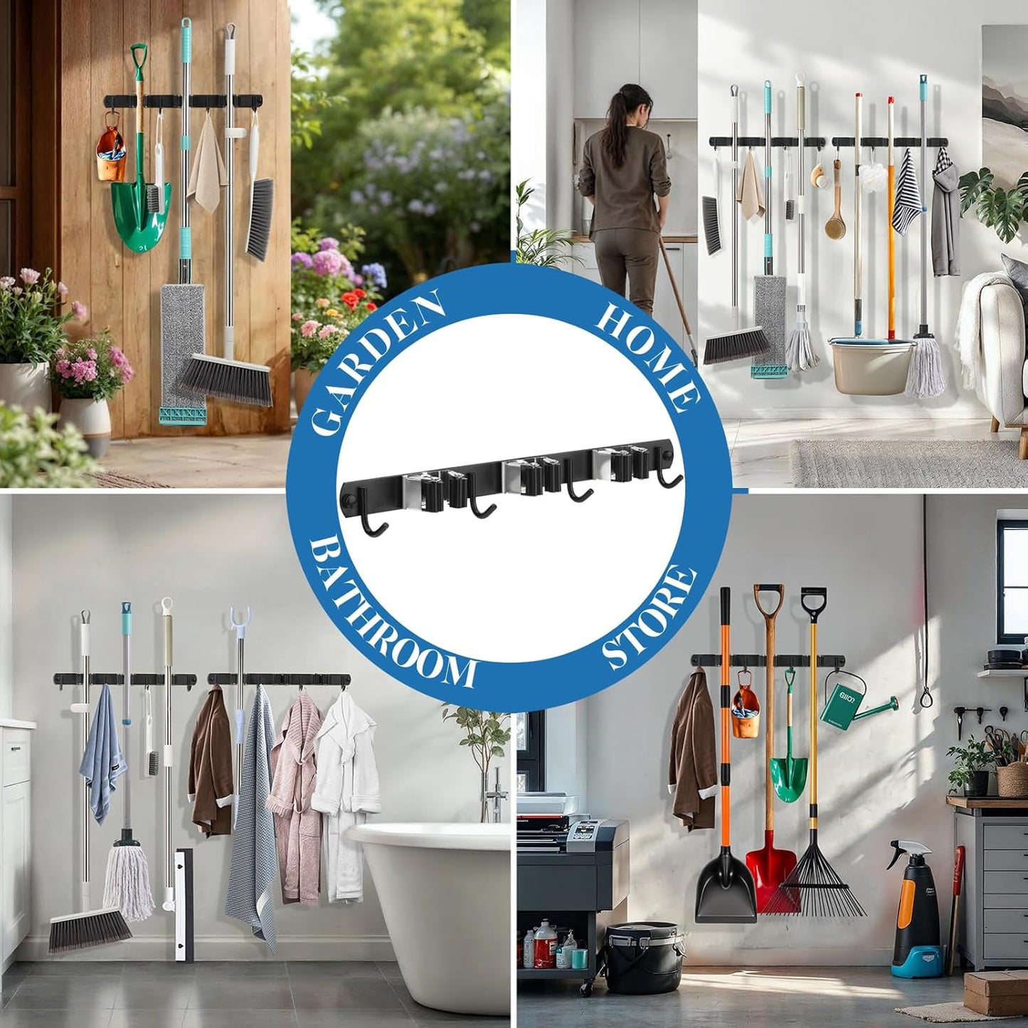 3 Pack Black Mop and Broom Holder Wall Mount Self Adhesive 3 Racks with 4 Hooks Broom Organizer Wall Mount Stainless Steel Broom Hanger for Home Kitchen Garden Laundry Garage Organization Storage