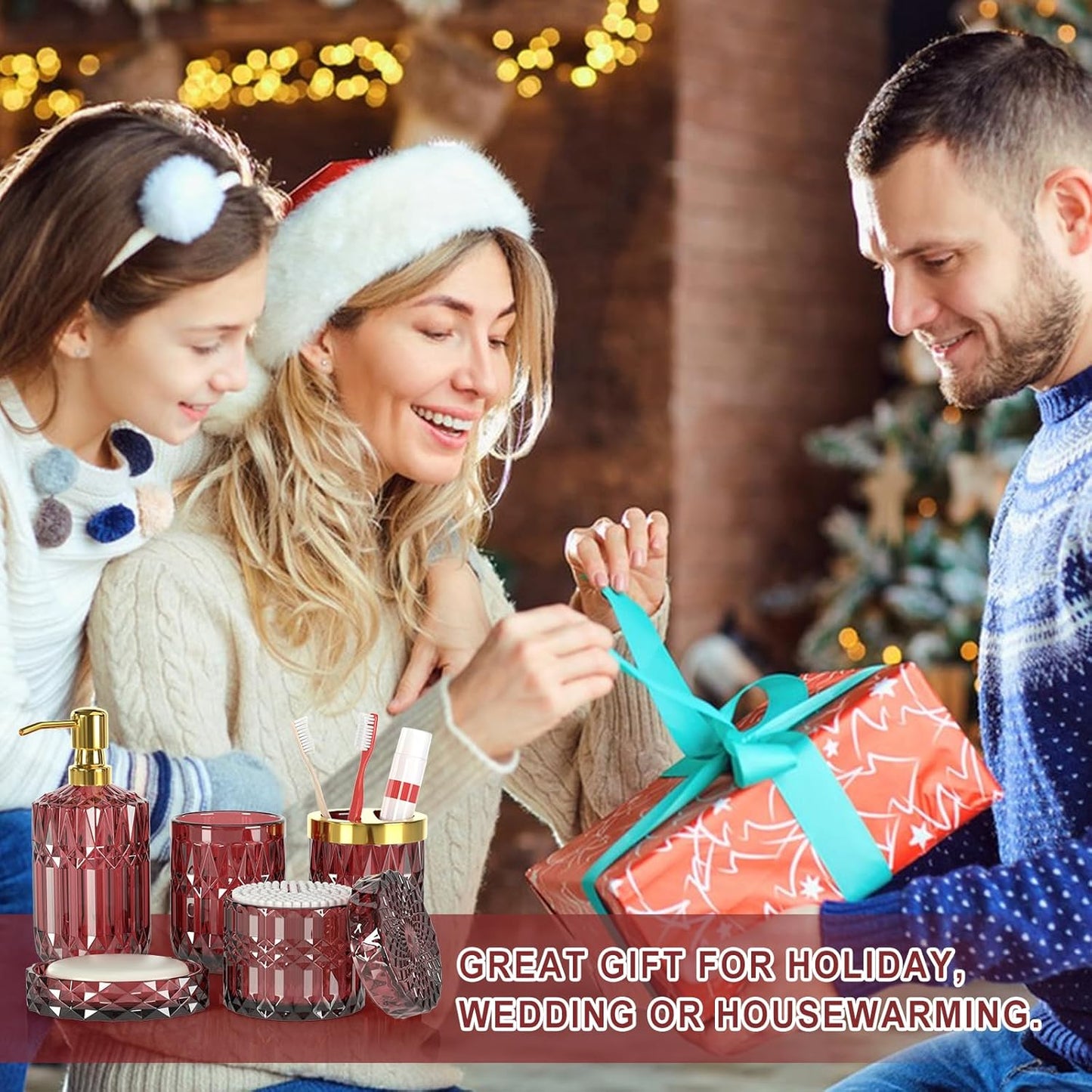 5Pcs Bathroom Accessories Set, Glass Soap Dispenser Set with Rust Proof Stainless Steel Pump, Soap Holder, Toothbrush Holder, Tumbler, Cotton Swab Jars, Red Bathroom Set Bathroom Decor Sets Gift