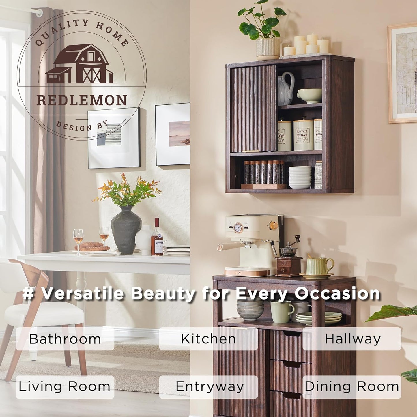 RedLemon Bathroom Wall Cabinet w/Fluted Sliding Door, Modern Medicine Cabinet with Adjustable Shelf, Curved Profile Wall Mounted Storage Organizer, Walnut