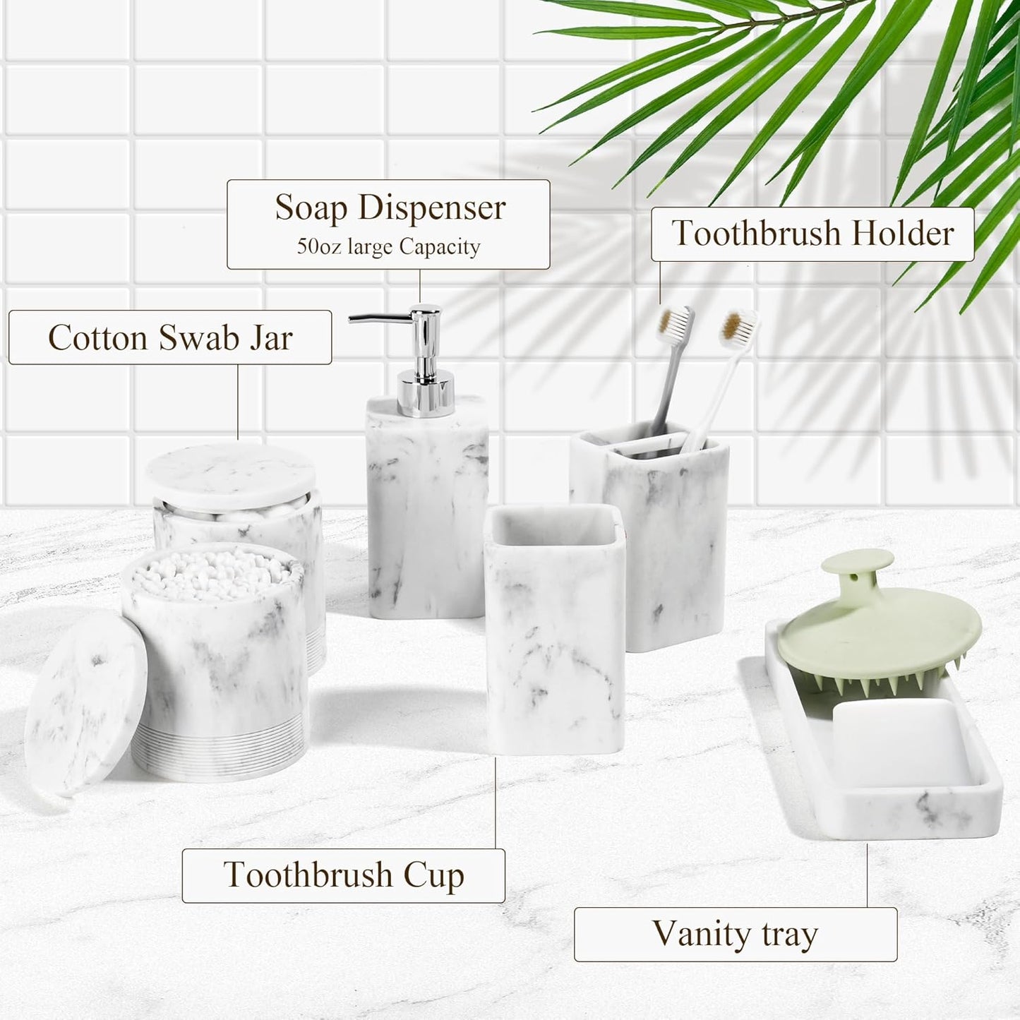 Bathroom Accessories Set, 6 Piece Bathroom Set with Toothbrush Holders, Soap Dispenser, Vanity Tray, Tumbler, Cotton Swab Jars, Bathroom Organizer,Bathroom Sink Sets, Artificial Marble White