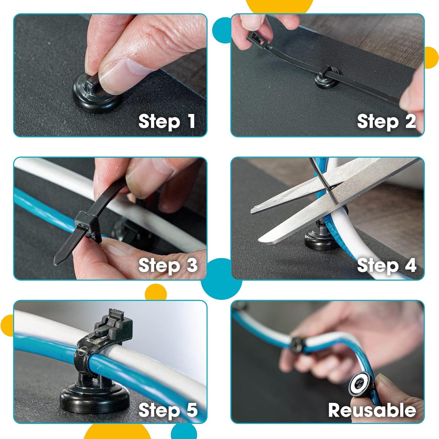 HATSBI. Magnetic Cable Zip Tie Mounts Multipurpose (105 PACK) Neodymium Magnets Black 105 Black Cable Zip Ties Included. Cable Holder for Cable Management. Holds Standard Zip Ties/Cable Ties.