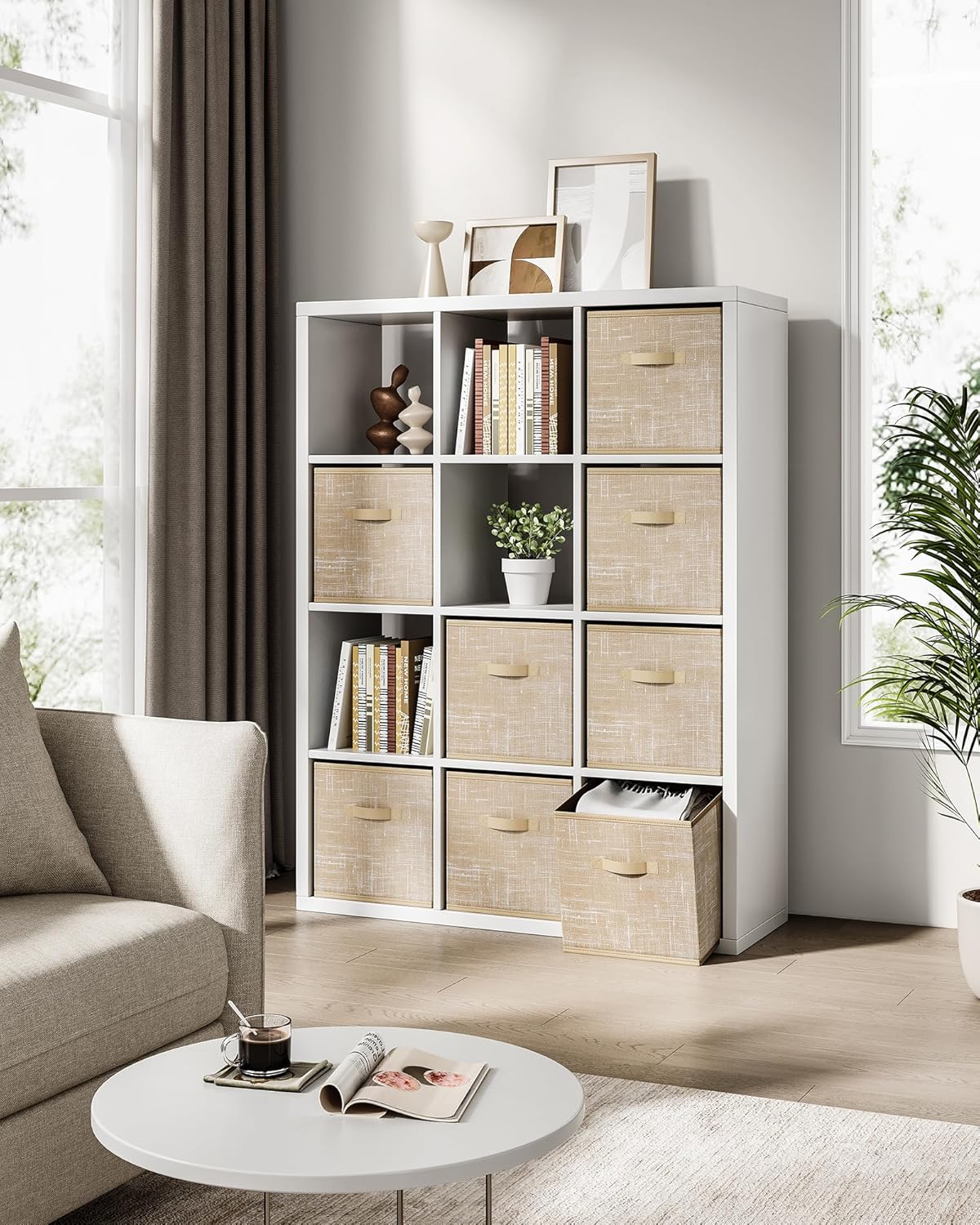 SONGMICS Storage Cubes, 13 x 13 x 13 Inches Non-Woven Fabric Bins with Double Handles, Set of 8, Closet Organizers for Shelves, Foldable, for Clothes, Sand Beige UROB833K03