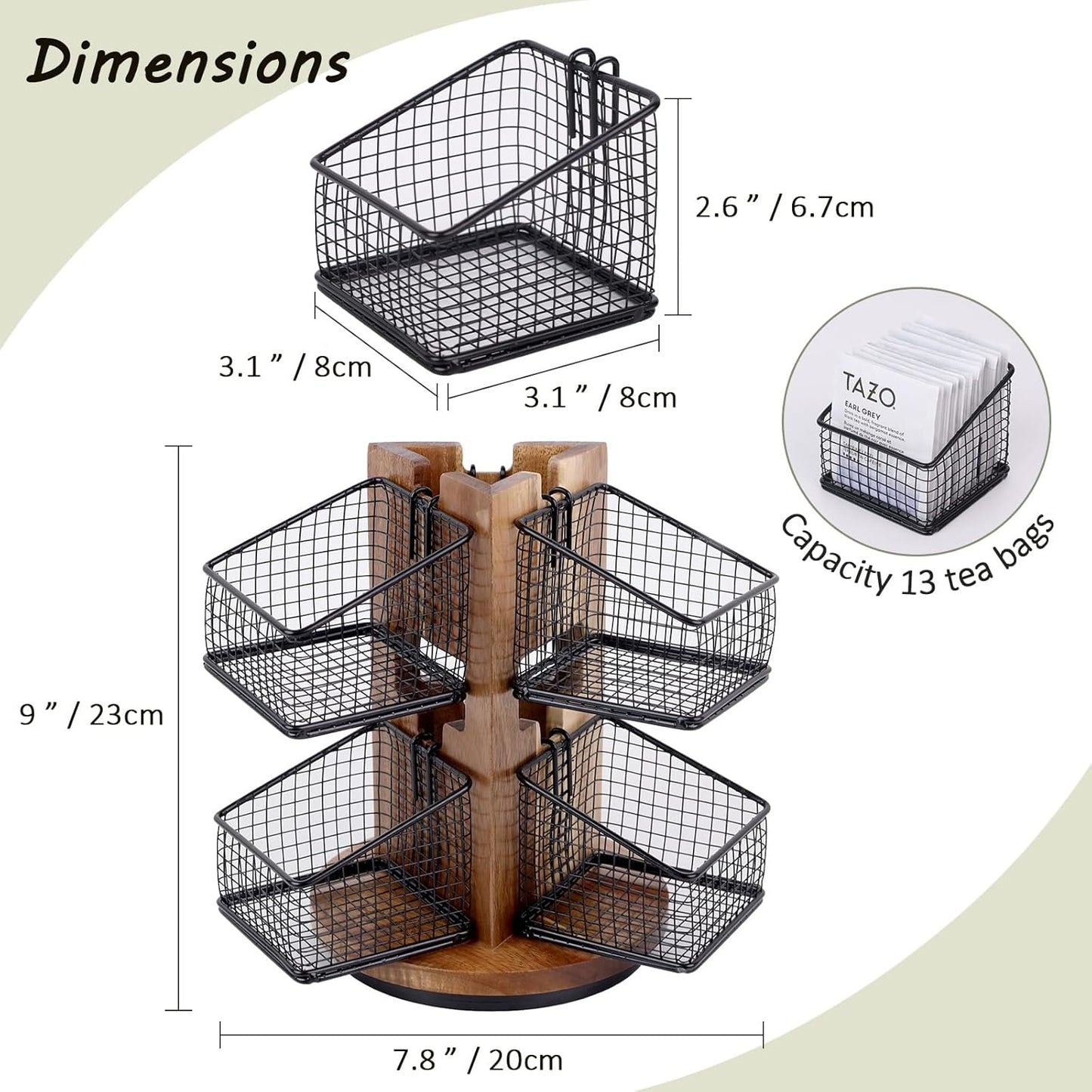 HTB Carousel Tea Bag Organizer for Counter, 2 Tier Tea Bag Holder with 6 Removable Tea Baskets and Acacia Wood Station, Tea Organizers and Storage for Cabinet, Countertop