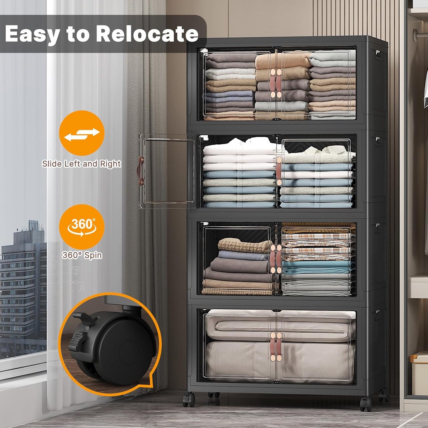 Extra Large Stackable Storage Bins with Lids & Wheels & Door, 896QT-112QT/28GAL*8Pack Foldable Collapsible Closet Organizers, Plastic containers drawers for bedroom Dorm