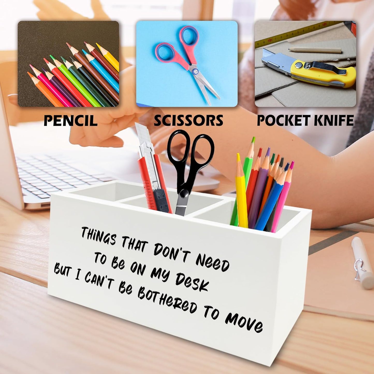 Funny Office Pen Pencil Holder Organizer for Desk, Humorous Gifts for Women Men, Funny But I Can't Be Bothered to Move Wooden Box Signs Decorations for Home Office Desk Tabletop