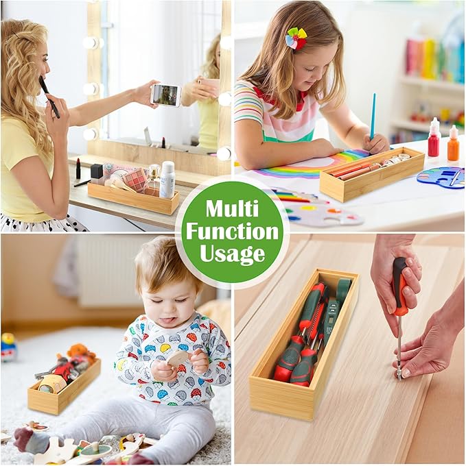 Kigley 8 Pieces Bamboo Drawer Organizer Kitchen Utensils Wooden Utensil Stackable Wooden Storage Box Bamboo Silverware Tray for Drawer(12 x 3 x 2 Inch,Wood)