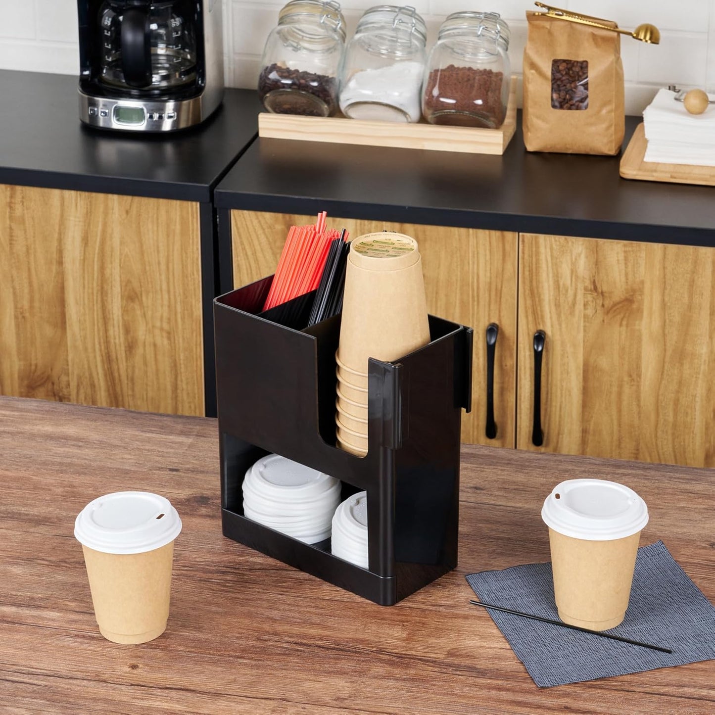 Restaurantware Restpresso Coffee Bar Organizer, 1 Count Durable 4 Compartments, Compact Size, Black Plastic Tabletop Coffee Supplies Organizer For Homes, Office Spaces, Breakrooms, and Lounges