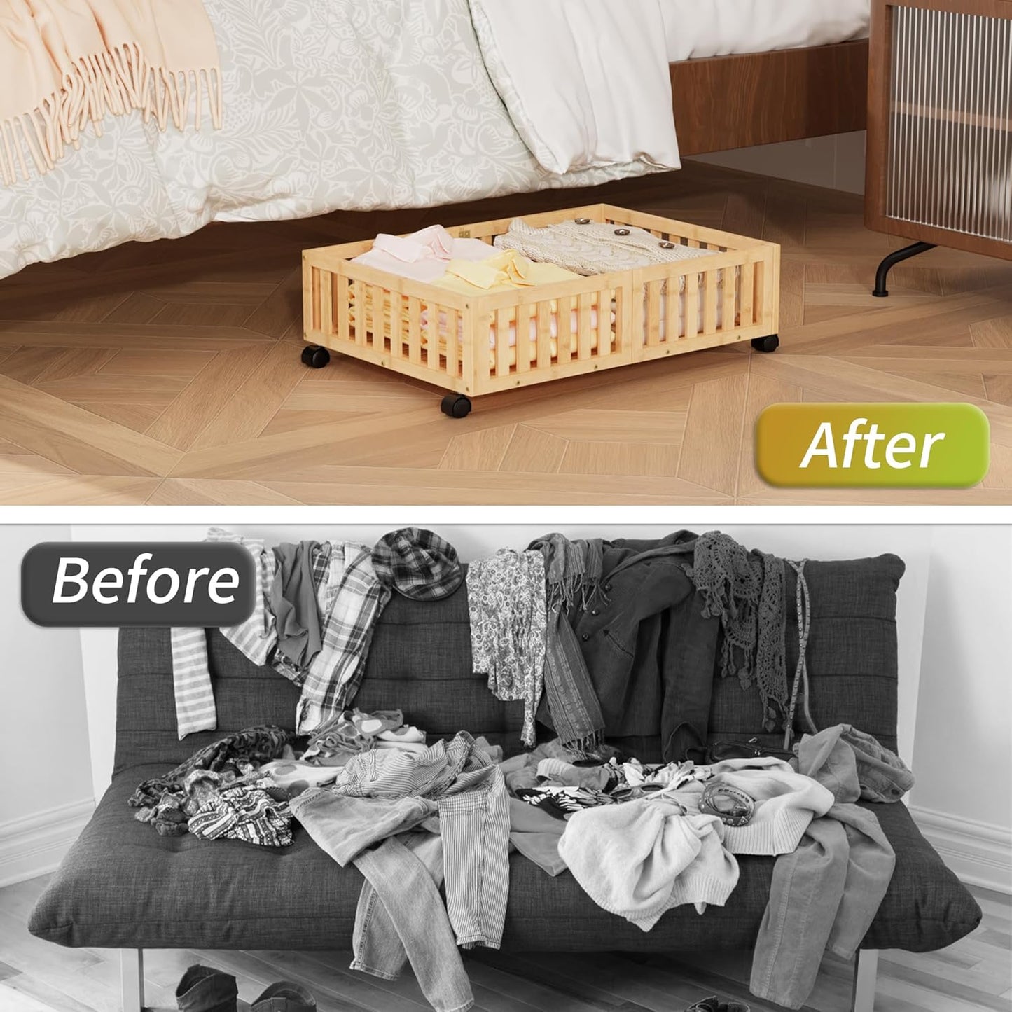 Bamboo Under Bed Storage with Wheels Rolling Underbed Shoe Organizer Box for Shoes, Blankets, Toys, Clothes Container Space-Saving Organizer Bins for Bedroom, Closet, Dorm, Nursery