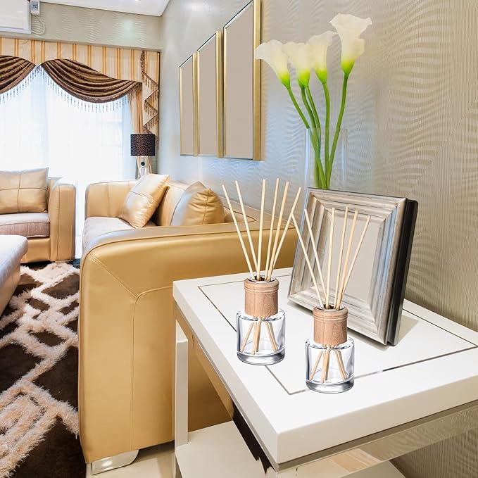 Roshtia 2 Set Reed Diffuser Bottle Empty Refillable Fragrance Glass Diffuser Bottles Set with Wooden Caps Sticks 50ml 1.7 oz Round Glass Jars for DIY Fragrance