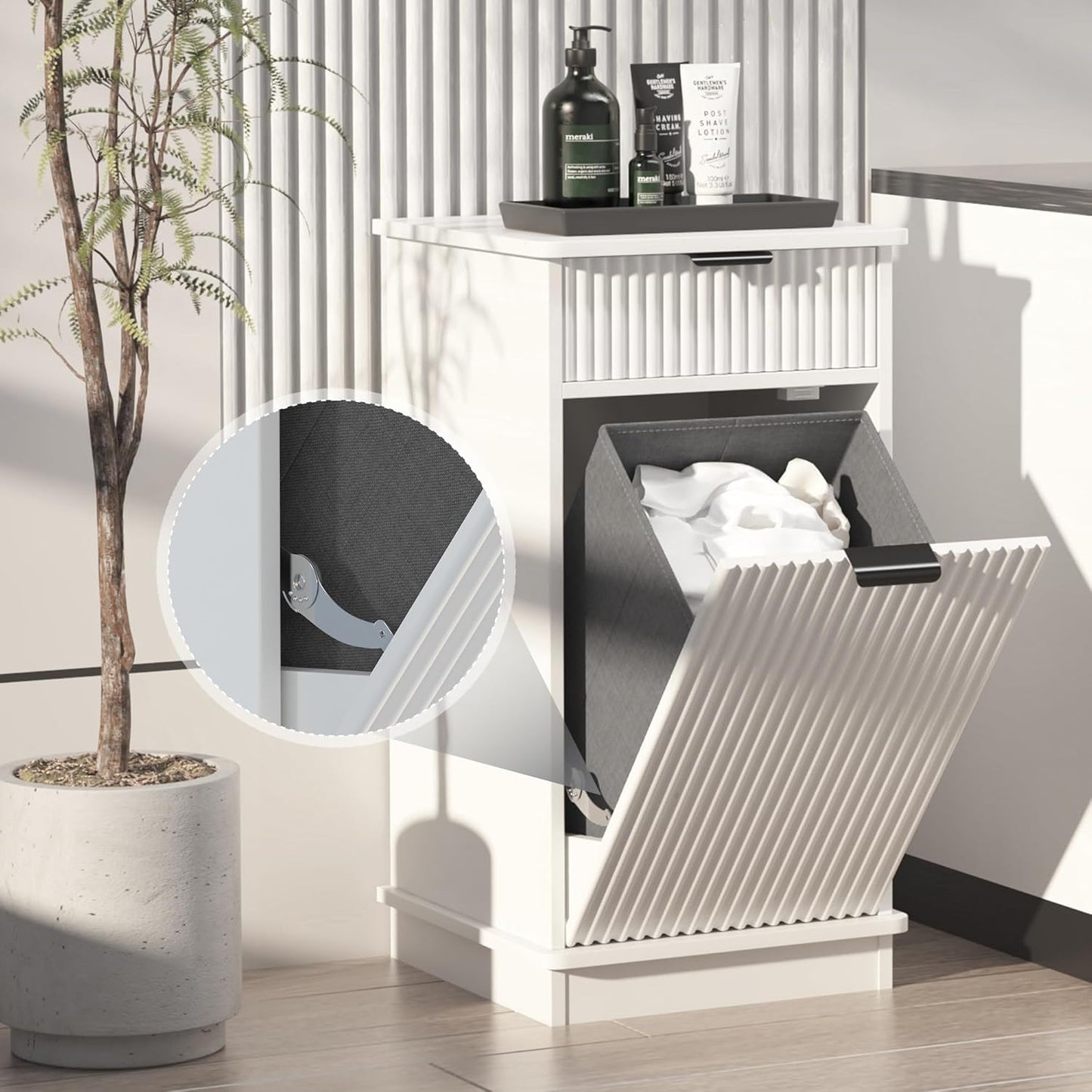 White Tilt Out Laundry Hamper Cabinet Hidden Laundry Hamper Cabinet with Drawers and Baskets for Bathroom Hamper with Storage for Kitchen Bedroom,16x16x30in