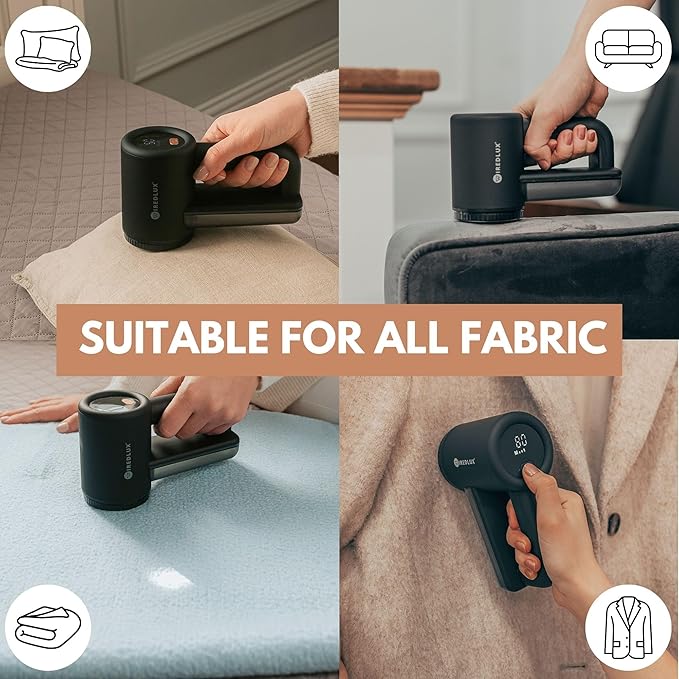 Rechargeable Fabric Shaver - Electric Lint Remover for Clothes & Couch - Adjustable 3-Speed, 6-Leaf Blade, LED Display, USB Charging - Depiller with Dual Protection (Midnight Black)