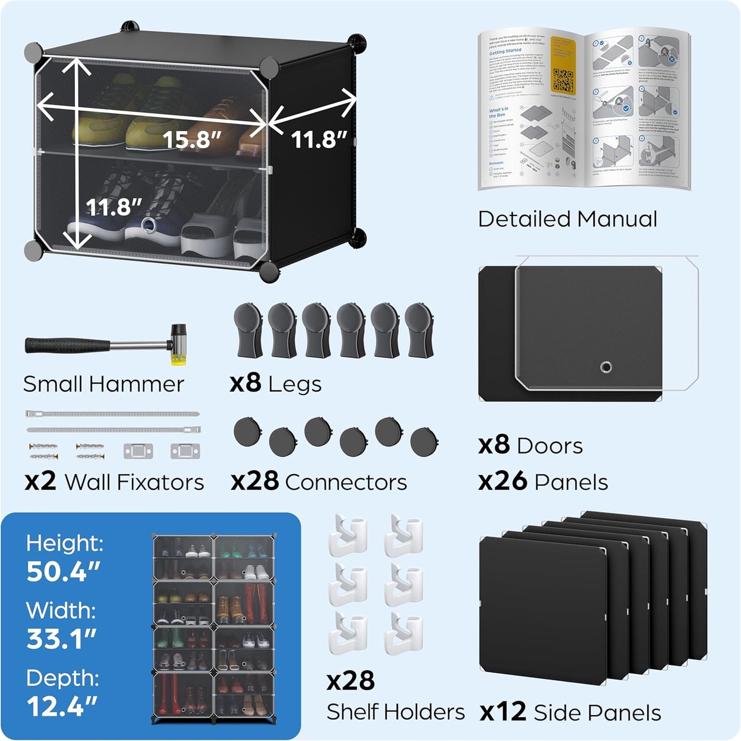 Shoe Organizer Cabinet Up to 32 Pairs, Shoe Closet-Covered Shoe Rack with See-Through Door (Clear, Plastic, Stackable) Cubby Portable Shoe Organizer with Covers, Hooks & Pockets, Black